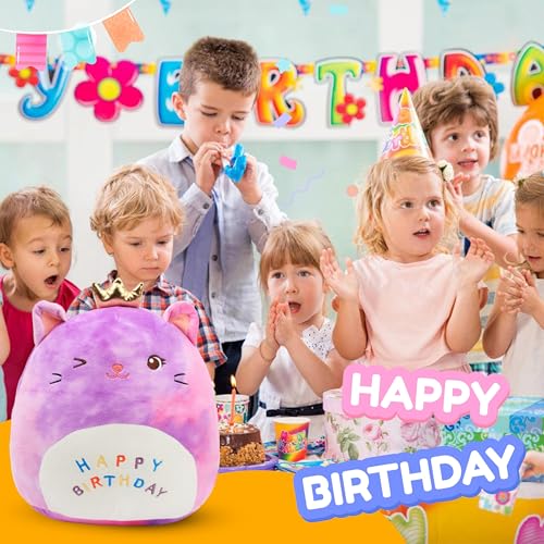 Image of Easfan 12'' Rainbow Birthday Kitty Plush Pillow Soft Cat Plush Toy Cute Kitty Stuffed Animal Home Room Decoration Birthday Gifts for Kids Toddlers