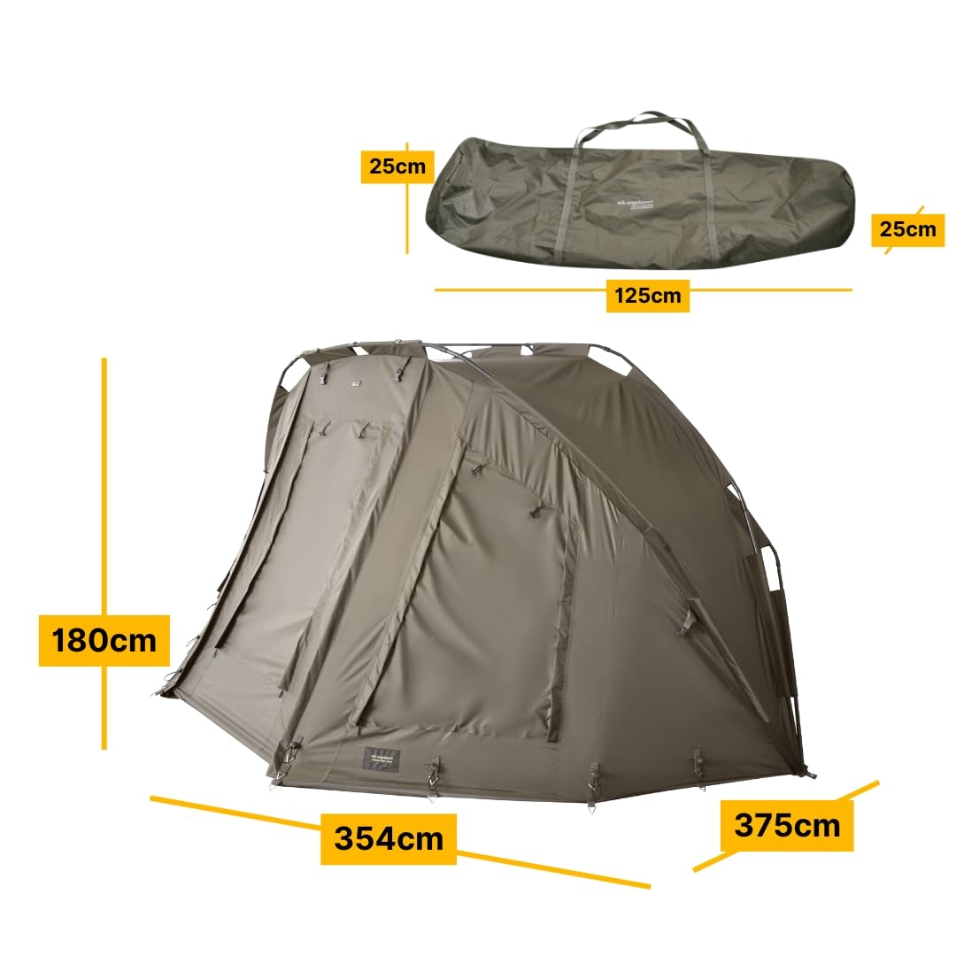 MK-Angelsport 5 Seasons 3,5 Mann Angelzelt Bivvy – Wasserdicht 10.000 mm, schneller Aufbau, 1,8 m Höhe, Moskito- & Klarsichtfenster, inkl. Bodenplane & Tragetasche