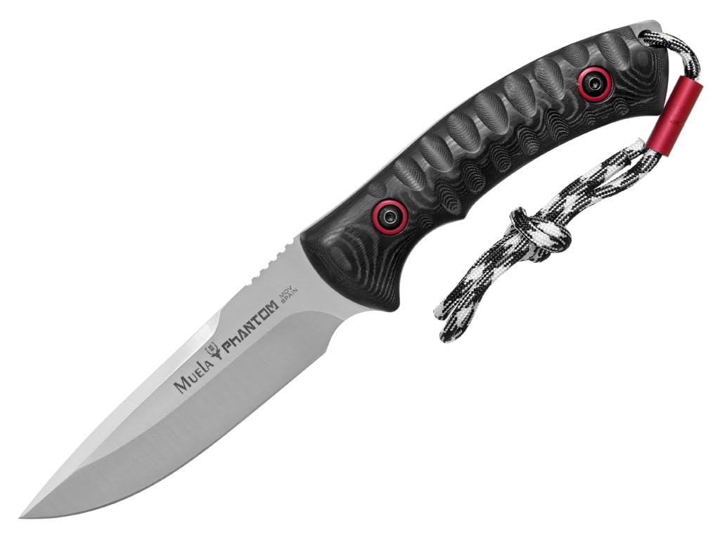 LO TRINCO YO Muela Cuchillo PHANTOM-12W hoja de acero MoVa X50CrMoV15 de 12 cm y empuñadura de Micarta negra con separador rojos para Caza, Pesca, Supervivencia y Bushcraft.