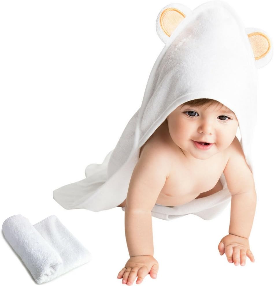 Bamboo Baby Hooded Bath Towel and Washcloth Set for Sensitive Skin, Natural Eco-Friendly 30 x 30 inch Soft Absorbent Towel for Babies, Toddlers, Infants, Little Kids