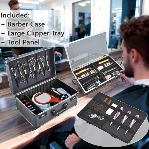 Image of Yueieoun Professional Barber Case - Portable Barber Tool Case Hair Clipper Organizer with Combo Locks, Detachable Trays for Clippers, Shears, Razors, Trimmers - Secure Storage for Barbershop or Travel