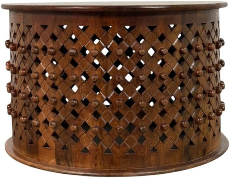 Carolina Chair & Table Lattice 30" Round Artisan Coffee Table - Elegant Finish Intricate Carving Solid Wood Accent Table - Compact Home Decor Furniture for Office, Bedroom, Living Room (Chestnut)