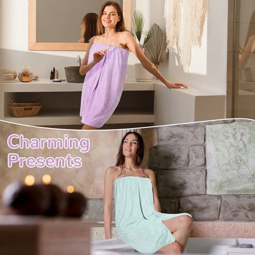 Image of Cuffbow 3 Pcs Towel Wrap for Women Spa Body Robe Full Length Female Bath Shower with Adjustable Closure Elastic Top Plush
