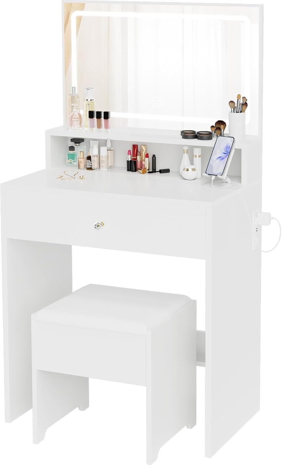 Small Vanity Desk with Mirror and Lights - White Makeup Vanitys Set Make up Table with Chair, Drawers, Outlet & Lighted Mirror, Mini Space Saving Cute Dressing Table for Girls Bedroom
