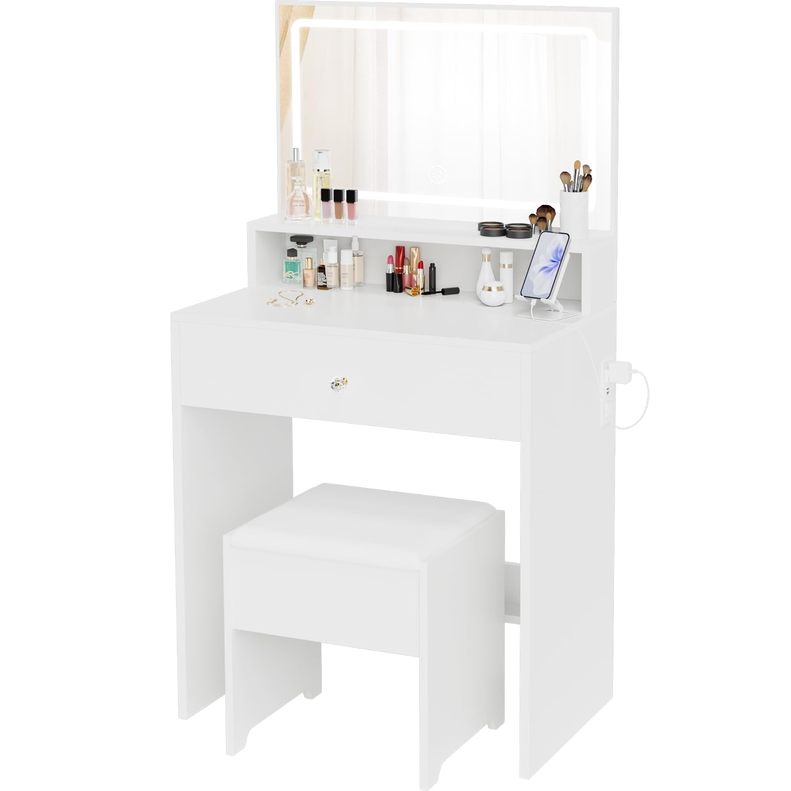 Small Vanity Desk with Mirror and Lights - Kids Makeup Vanitys Table Set Make up for Girls with Chair Power Outlet, Mini Compact Space Saving Cute Dressing Table for Bedroom