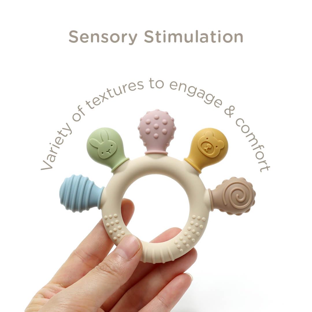 Baby Teething Ring with 5 Textured Prongs - BPA Free Silicone Teether Toy, Brown/tan and coloured tips - Image 3