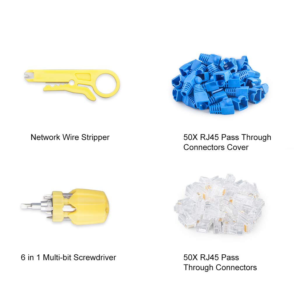 10Gtek RJ45 Crimp Tool, Cat5e/Cat5/Cat6 for RJ45 RJ12 Pass Through Connectors with 50PCS Connectors, 50PCS Covers, Wire Stripper and Screwdriver Crimper Kit