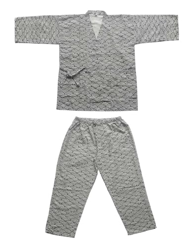 Kimono Japanese Shirt and Pant, Cotton Linen Loungewear Lounge Set Spa Bathrobe, Black Waves