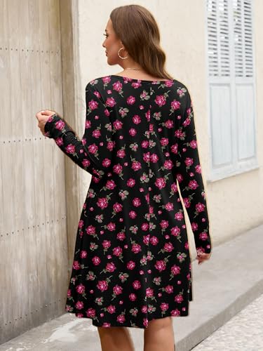 Image of AusLook Women's Plus Midi Dress Long Sleeve Crew Neck A-Line Swing Flowy Vacation Fall Wedding Guest Dresses with Pocket 1-5X