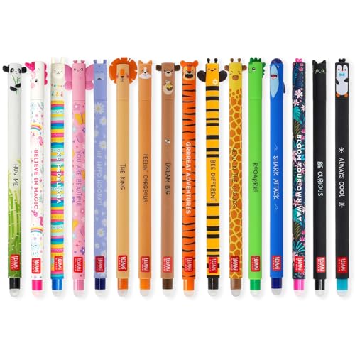 LEGAMI Lot de 16 Stylos gel effaçables avec encre thermosensible, gamme de couleurs d’encre, forme conique, pointe de 0,7 mm, modèles animaux LEGAMI Lot de 16 Stylos gel effaçables avec encre thermosensible, gamme de couleurs d’encre, forme conique, pointe de 0,7 mm, modèles animaux