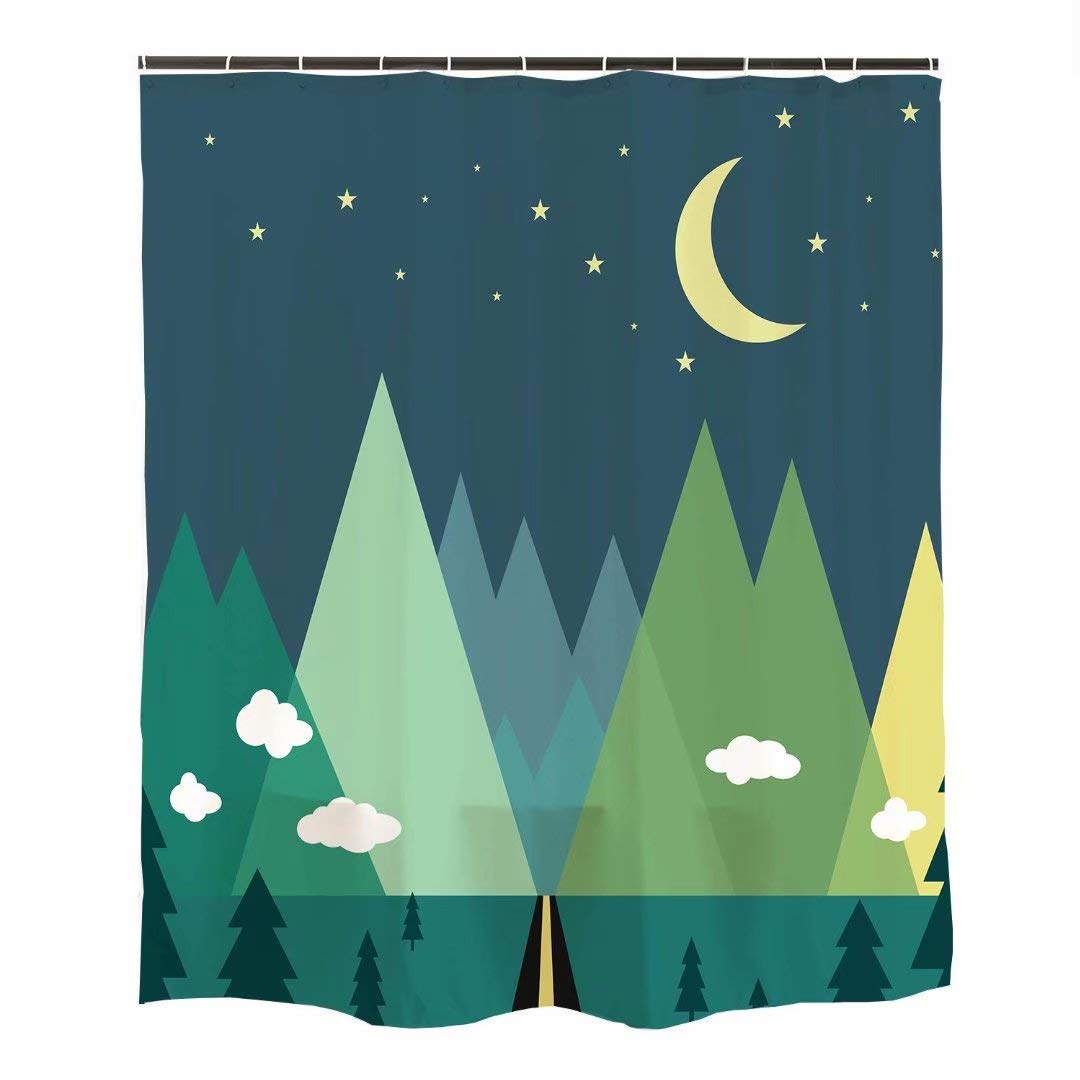 Ofat Home Green Mountain Forest Moon Star Cloud Kids Shower Curtain Sets with Hooks for Bathroom, Waterproof Fabric No Liner Needed Washable, 72x72 inches,90GSM Fabric