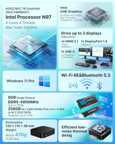 Image of ASUS NUC 14 Essential,Intel NUC 14 Mini PC,N97,8GB DDR5,256GB PCIe4 SSD | 4C /4T Up to 3.6GHz,12W,Versatile NUC Mini PC Computers,Type-C 3.2,4K,BT5.3,WiFi6E,W-11 Pro for Daily Office & Education
