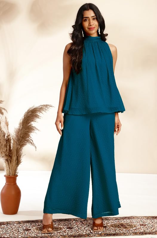 Image of Janasya Women's Chiffon Woven Design Gathered Co-Ord Set