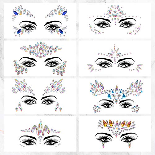 Colmanda Viso Gemme, 8 Pezzi Adesivi di Cristallo Faccia Gioielli Adesivi Viso Cristalli Strass Tatuaggio Temporaneo Face Gioielli per Faccia di Festa Faccia Fronte Decorazioni