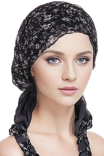 2 in 1 Floral Boho Headwear Hijab Scarf for Travel Soft Cotton Hemp Crepe Crinkled Head Wrap Turban for Woman