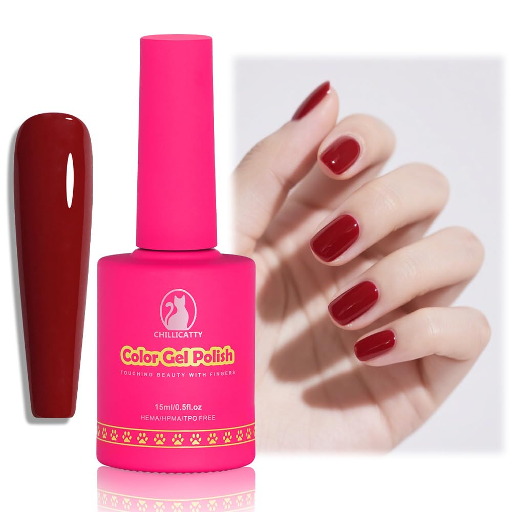 CHILLICATTY Solid Color Gel Nail Polish, HEMA HPMA TPO Free, Wine Red color Pure Gel, Long Lasting Quick-Dry Need UV LED Lamp Salon Quality for Nail