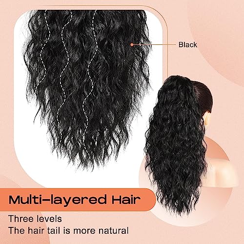 PORSMEER Ponytail Extension,Claw Clip Ponytail Hair Extensions Black Natural Looking Long Curly Wavy Multi Layered Fluffy Synthetic Hairpiece for Women Girls Daily Wear or Party,18inch - Image 3
