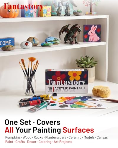 Image of Fantastory 36ml 18 Colors Professional Acrylic Paint Set with 10 Brushes | Designed for Demanding Projects on Canvas, Wood, Stone, and Model Building