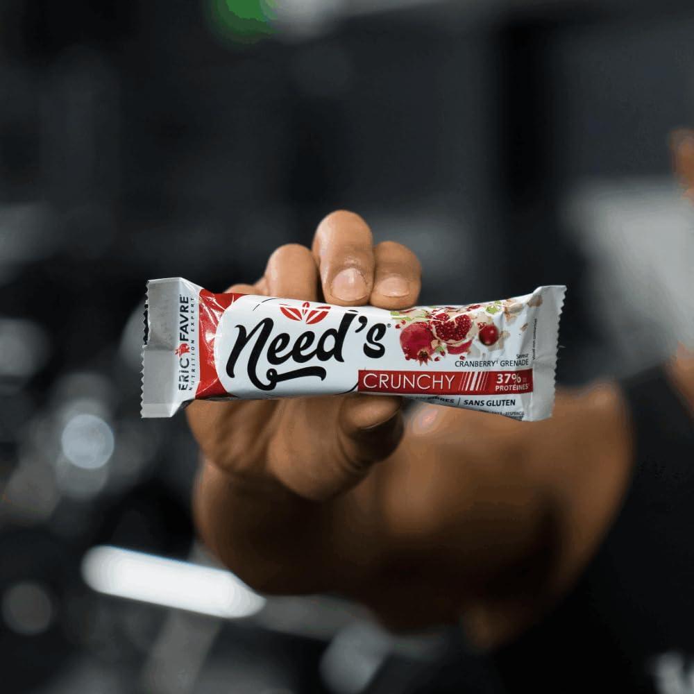 BARRE NEED'S CRUNCHY - Barre Gourmande et Croustillante, Riche en Protéines (35%), Sans Gluten, Adaptée aux Végétariens - Saveur Cranberry/Grenade - Display 12 Unités - Eric Favre