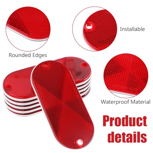 Image of 10 Pcs Front Reflector Oval Reflector with Mounting Hole, Driveway Trailer Reflectors with 20 Screws, Safety Reflectors for Fence, Gate, Posts, Garage, Car, Tunnels, Mailbox (Red, 4.45 inch * 1.96 inch)