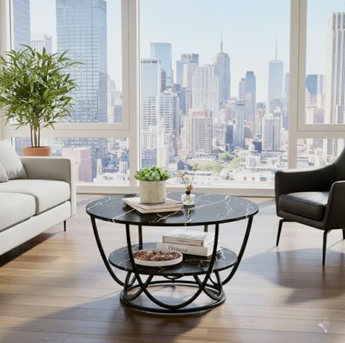 Image of Shoppee Coffee Table - Modern 2-Tier with Faux Marble Top and Gold Metal Frame - Stylish Center Table for Living Room, Sofa Table, Elegant Cocktail Table for Home, Office, Black & Black