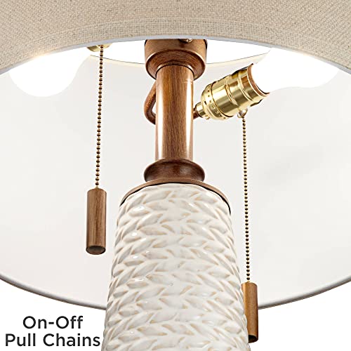 wall lamp Kingston Mid Century Modern Table Lamps 32 3/4" Tall Set of 2 White Textured Ceramic Taupe Drum Shade Decor for Bedroom Living Family Room Bedside Nightstand House Home Office wall lamp - Image 7