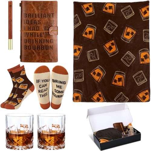 Potchen 7 Pcs Bourbon Gifts Set for Bourbon Whiskey Lovers Including Socks Journal Notebook with Pen Throw Blankets and 2 Glasses with Box for Men Fathers Husband Boyfriend for Valentine's Gifts