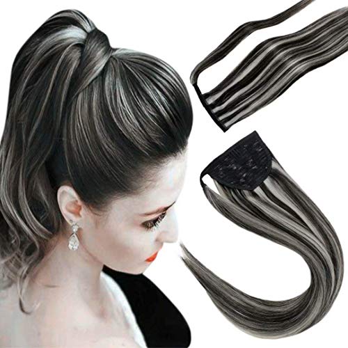 Laavoo 16 Inch Clip In Hair Extensions Ombre Human Hair 5Pcs/70Gram + 16" Remy Ponytail Hair Extensions Grey Human Hair 80G/Set Ombre Color Off Black Fading To Silver Grey Highlights #TOP5