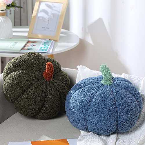 2 Pcs Oreillers en Peluche Citrouille Simulée 11 x 9,5 Pouces Coussin de Jouets en Forme de Citrouille 3D Thanksgiving Décorations Automne Confortables pour Noël Canapé (Vert Armée, Bleu) Cover