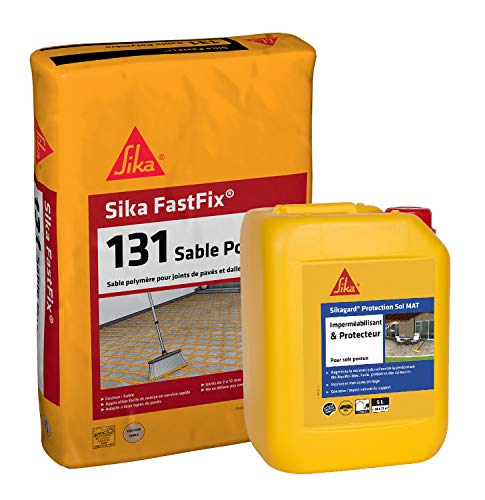 Kit joint sable pavé avec protection effet MAT: Sika Fastfix sable polymère ton sable 20kg + Sikagard Protection Sol Mat Hydrofuge pour pavés et dalle 5L