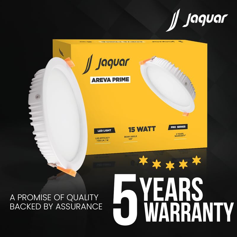 Image of Jaquar 15W Areva Prime Round Downlight with Aluminum housing | 5 Year Warranty | Warm White (3000k) Sleek Backlit Design | Recessed Mounted False Ceiling | 105 mm Cutout |120x28 mm (Pack 4)