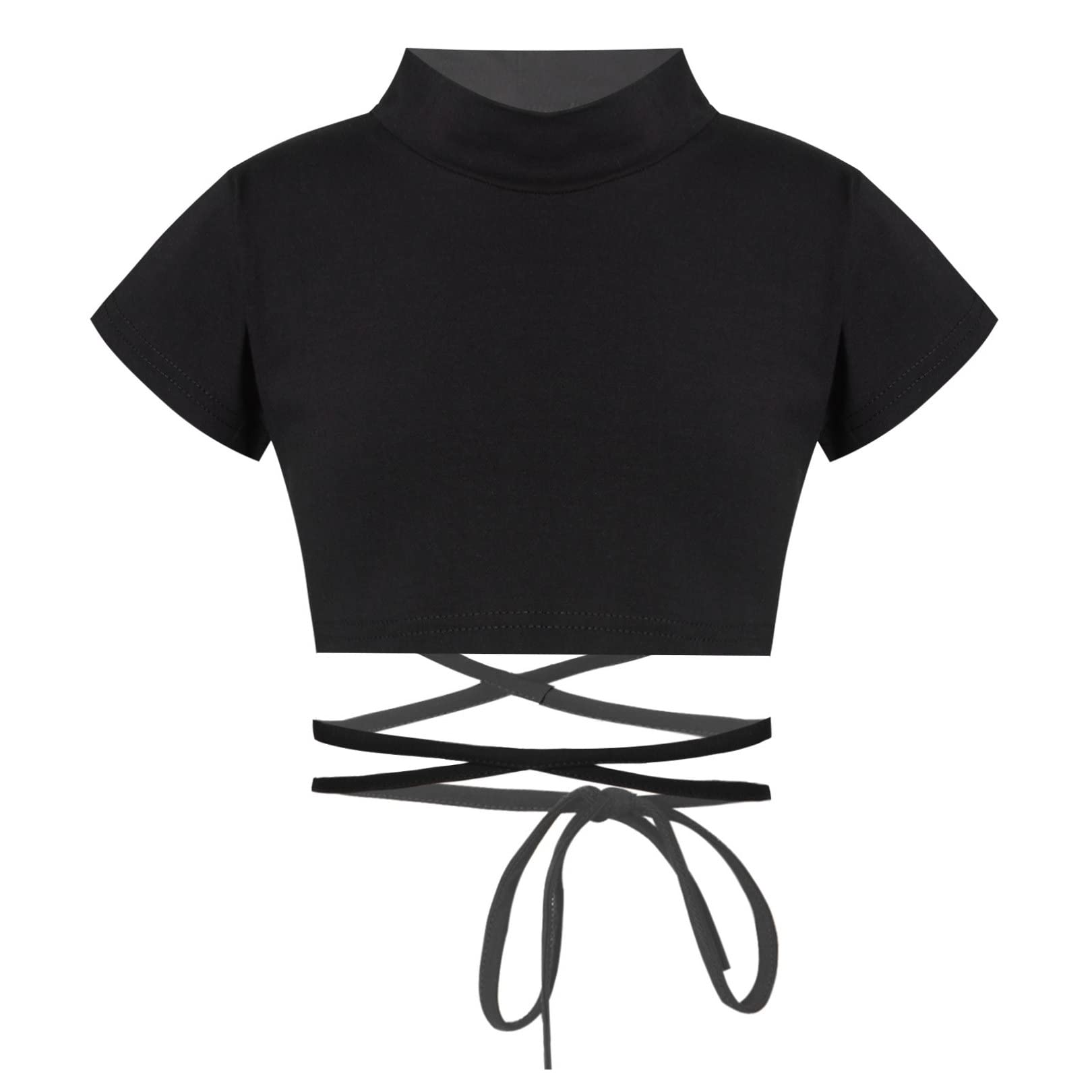 easyforever Kids Big Girls Basic Ballet Jazz Modern Dance Gymnastics Sash Tie Waist Crop Top Active Sport Shirts Black 8