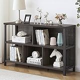 IBF Industrial 5 Cube Storage Organizer, Metal and Wood Cube Bookshelf, Rustic Low Horizontal Cubbies Bookcase, Modern Wide Book Shelf for Bedroom Living Room, Grey Oak, 47 Inch Long