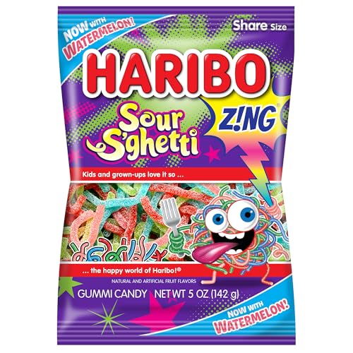HARIBO Gummi Candy, Z!NG Sour S’ghetti, Sour Gummy Candy, 5 Ounce Bag (Pack of 12) Delicious Soft & Chewy Snacks, Assorted Fruity Flavors