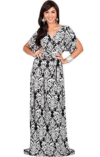 KOH KOH Petite Womens Long Lace Printed Formal Short Sleeve V-Neck Evening Casual Summer Spring Elegant Vintage Maternity Gown Gowns Maxi Dress Dresses, Black and White S 4-6