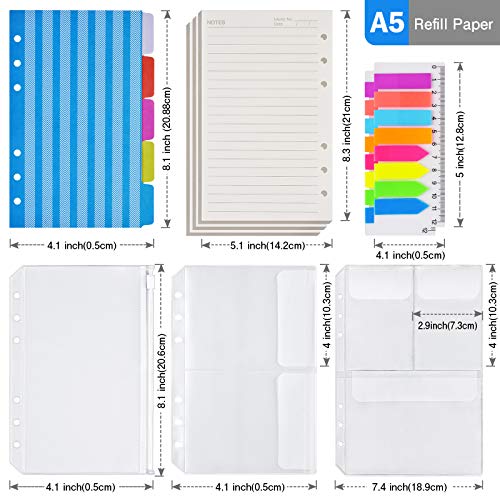 A5 Refill Paper, 4 Pack 6 Ring Planner Binder refillable, 5pcs Binder Dividers, 3pcs Binder Pockets, 160 Pieces Index Tabs with Ruler, Personal Planner Inserts for Journal Notebook