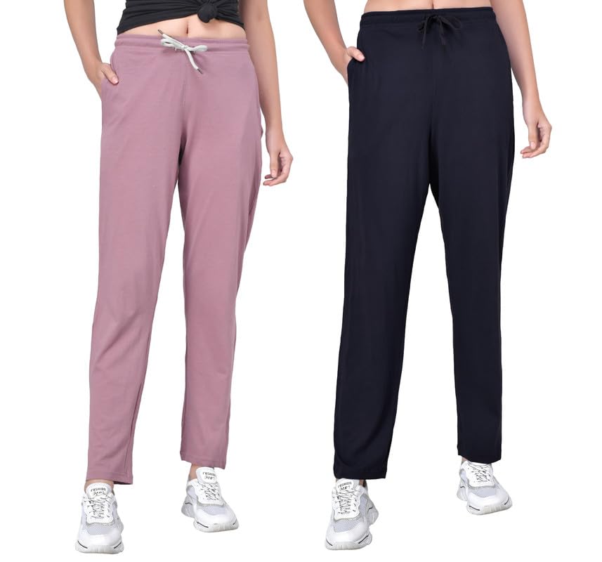Image of Fflirtygo Women's Cotton Solid Pyjama /Track Pants, Navy Blue and Lavender (Pack of 2)