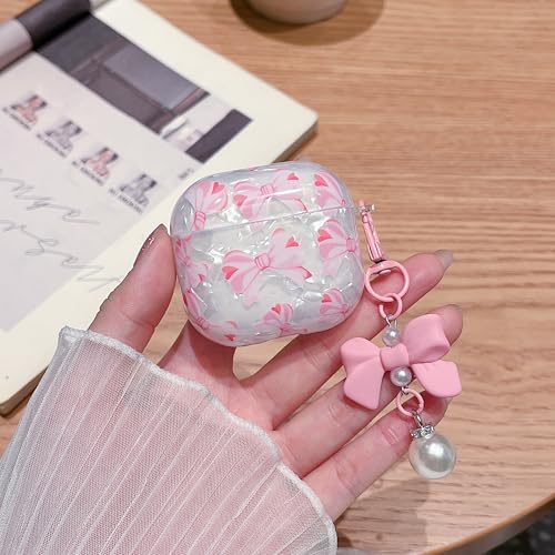 Image of MINSCOSE for Cute Glitter AirPods 4 Case,Shell Pattern Pretty Bow Design with Trendy Floral Keychain,Soft TPU Protective Cover with Cleaner Kit for Girls Women for AirPods 4-Pink