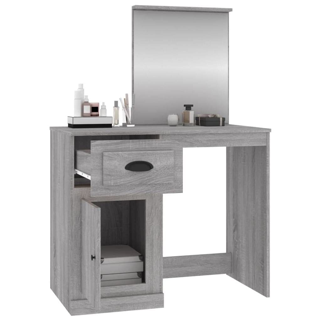 Schminktisch mit Spiegel Grau Sonoma 90x50x132,5 cm Holzwerkstoff Frisiertisch mit Schublade und Hocker Makeup Organizer, LED Beleuchtung