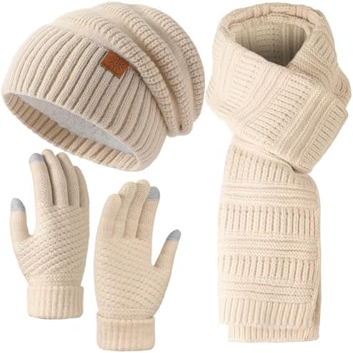 Pleneal Conjunto de luvas de gorro e cachecol feminino de inverno...