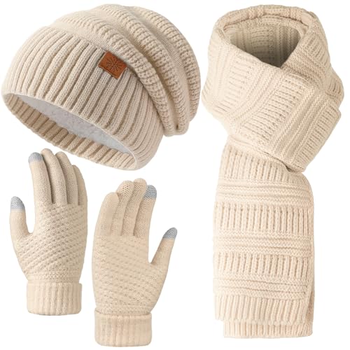 Pleneal Winter Womens Beanie Hat Scarf Gloves Set, Slouchy Beanie Knit Scarf Touchscreen Gloves Warm 3 Gift Set