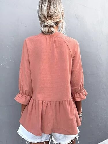 Odsufo Womens Blouses 3/4 Sleeve,Summer Casual Ruffle Half Sleeve Baby Doll Tops Loose Breathable V Neck Peplum Shirts Pink L #TOP2