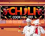 Large Chili Cook Off Decorations Banner，71 x 24 Inches Chili Banner Sign, Black Hot Chili Pepper Contest Banner Chili Cook Off Party Supplies for Mexican Chili Cooking Competition Festival Supplies