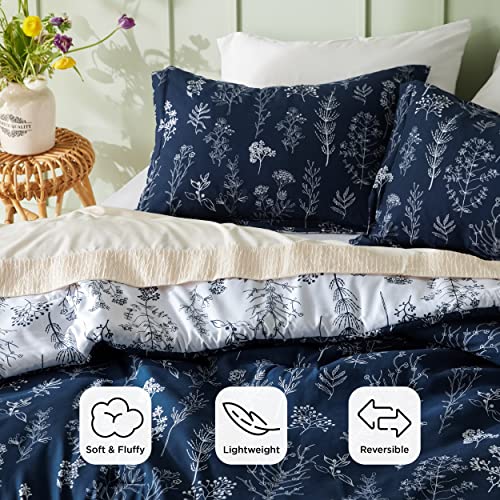 Image of Bedsure Queen Comforter Set - Navy Bed Set, 3 Pieces Cute Floral Bedding, 1 Soft Reversible Botanical Flowers Comforter and 2 Pillow Shams
