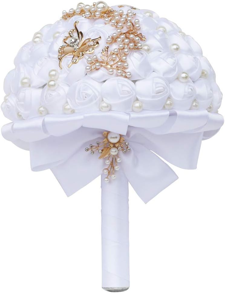 Handmade Wedding Bride Bridesmaid Bridal Bouquet Rose Holding Toss Artificial Flowers Bouquets with Satin Ribbon Pearls Rhinestone for Wedding Celebration Valentine’s Day Parties Bouquet Decor
