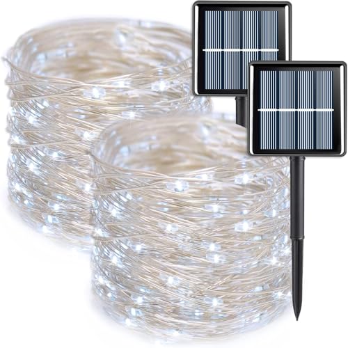 wisdom line Guirlande Lumineuse Solaire, 2 x 20 m, 200 LED, 8 Modes d'Éclairage, Étanche, Lumière Chaude