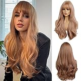 OUFEI Long Wavy Strawberry Blonde Wig with Bangs for Women Natural Synthetic Hair Heat Resistant Wigs for Daily Party Cosplay Wear- 24 Inches