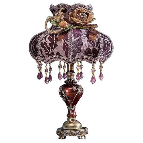 European Style Carved Table Lamp,Victorian Style Table Lamps with Fabric Shade & Beaded Fringe,20inch Decorative Floral Desk Lamp for Bedroom Living Room, Blue (Purple)