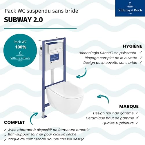 Pack WC sans bride VILLEROY ET BOCH Subway 2.0 avec abattant frein de chute + bâti Viconnect PRO + plaque Chromé - vue 4