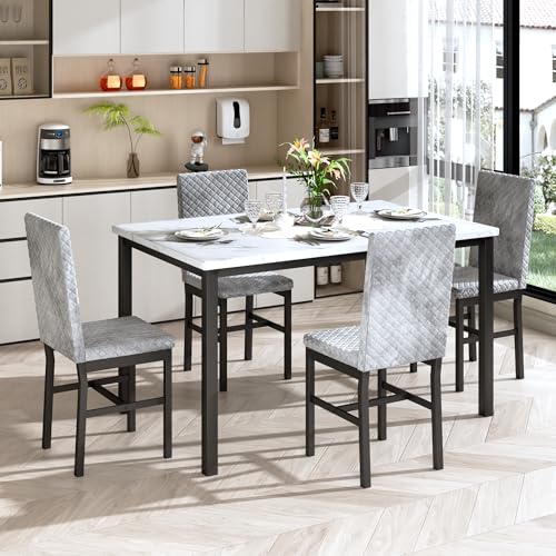 Recaceik Dining Table Set for 4, Modern 5 Piece Dining Table Set Faux Marble Kitchen Table & 4 Velvet Upholstered Chairs, Dining Room Set for Small Space - Image 5